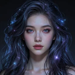fantasy art, girl with cosmic long hair, high detail of the face, high details, hyperrealistic,