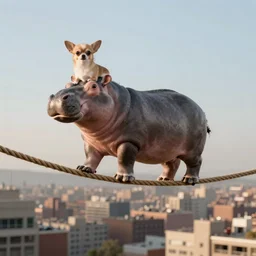 chihuahua - hippopotamus hybrid creature balancing on a rope high above a city