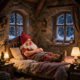 beautiful dwarf woman on her cozy lamp lit bedroom at night, snowstorm outside through windows, stone dwarven house, beautiful scene, intricate, detailed, warm light, confortable atmosphere, high quality, by donato giancola and ralph horsley, cute, chubby, good night