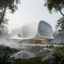 an abbey designed by Zaha Hadid, set in a foggy oasis, trending on artstation, octane render, environment art