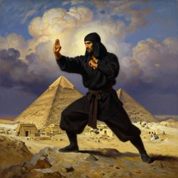 a dark orientalist close portrait of an egyptian / arabic style kung fu - monk in a fighting pose on top of a pyramid overlooking the ancient ruins city of luxor at dusk under dramatic skies with billowing cumulus clouds, painted by anders zorn, craig mullins and norman rockwell