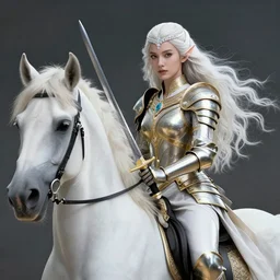 a fantast beauty detailed walkyrie candice swanepoel riding a white horse, with a curved sword, platinum white wavy long hair, white headband in the front with diamonds, jewelry body armor in golden and silver colors, pointy ears, detailed face, epic masterpiece of cinematographic hyperrealism, realistic shaded lighting poster by craig mallismo, artgerm, jeremy lipkin and michael
