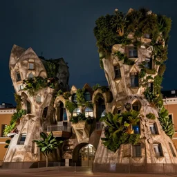 high quality photo of Saint Petersburg with biomorphic brutalist buildings covered in vegetation at night cinematic lighting