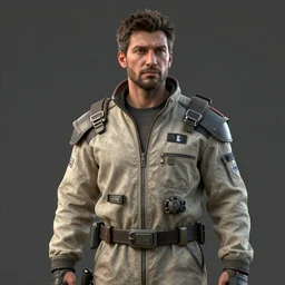 detailed art of a scifi character portrait of a man in his 30s mixture between french, turkish and russian wearing a beige jumpsuit 4K Octane Render Artstation HQ