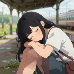 a cute girl sitting on a bench sleeping at an abandoned overgrown train station, establishing shot, close - up focused shot, anime visual render. wlop, rossdraws, detailed anime illustration, detailed stylized portrait, details, 1 0 5 mm f / 2. 8 @ 1 0 5 mm, iso 1 0 0, 1 / 8 0 0, f / 3. 2