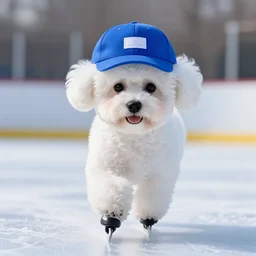 a photorealistic picture of a white bichon puppy wearing a blue baseball cap while skating on ice Trending on Artstation, featured on Behance, well-rendered, Unreal Engine, 4K HD