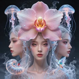 3 d head shot portrait!! of the face!! of a beautiful princess, giant orchid!! flower!!!, jellyfish phoenix bird, translucent, nautilus, smoke and water energy flow. highly detailed, epic. octane render, excellent composition, by wlop, tooth wu, greg rutkowski, beeple