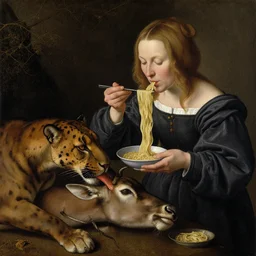 woman eating noodles. scratch that. panther eating an antelope. painting by jan van eyck, walton ford