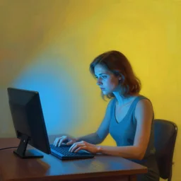 colourful, 3 d, high resolution, fine details, portrait of lonely woman on her computer, blue light and arms coming from computer, surrealist, by edward hopper and jeffrey smart