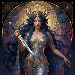 Glory, Maya Ali sorceress, fame of thrones, lord of daggers, sweat drops, fibonacci, fractals, insane, prismatic, intricate, highly detailed, digital painting, artstation, concept art, smooth, sharp focus, illustration, Unreal Engine 5, 8K, art by artgerm and greg rutkowski and alphonse mucha