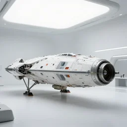 a 4 k cinematic film still of a space ship in a white futuristic hangar, studio lighting, interstellar, greg fraser, denis villeneuve