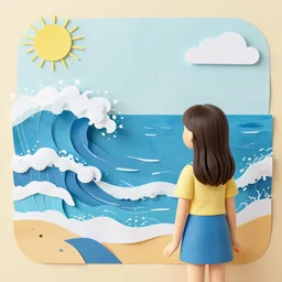 scene of a girl looking out over an ocean with crashing waves made out of construction paper,