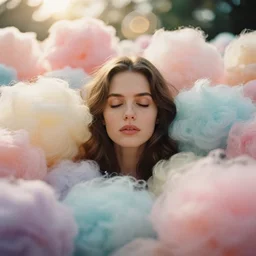 A vintage analog head and shoulder frontal face portrait photography of a beautiful woman surrounded by thousand fluffy soft giant oversized pastel colorful cotton balls all around by Alex Prager. Long hair. Vogue. Closed eyes. Kodak Portra 800 film. shallow depth of field. (Depth of field). whirl bokeh!!. Golden hour. detailed. hq. realistic. warm light. muted colors. Filmic. Dreamy. lens flare. Mamiya 7ii, f/1.2, symmetrical balance, in-frame