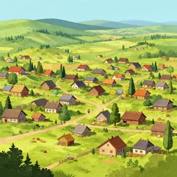 an illustration of a remote village, trending on artstation, central composition, very cartoon, shape focus, high detailed, by anton fadeev