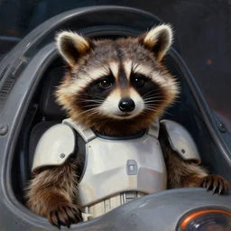 closeup portrait of furry rocket the raccoon sitting in the cockpit of the millennium falcon, wearing stormtrooper armor!!, painting by gaston bussiere, craig mullins, j. c. leyendecker, lights, art by ernst haeckel, john william godward, hammershøi