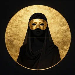 a silhouette with a shroud wears a golden mask on her face, by jean delville and sophie anderson and mandy jurgens, golden ratio, perfect composition, elegant, no crop, extremely detailed, hd, masterpiece, artstation