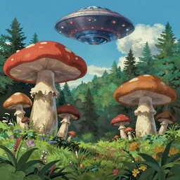 illustration of a colorful forest landscape, giant mushrooms, a ufo in the sky, unknown planet, by studio ghibli, tex avery. anime film, cinematic shot, artstation, insanely detailed, 4 k.