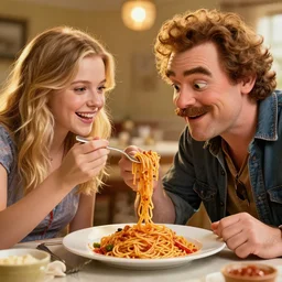 ernest eats spaghetti with aubrey plaza, jim varney, hyperrealistic, volumetric golden dappled dynamic lighting, highly detailed, sharp focus, by victo ngai, artgerm