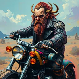 highly detailed oil painting of an apocalyptic orcish biker character on a motorcycle by ed repka, vibrant psychedelic colors, punk rock fashion, studded leather jacket, face tattoos, 8 k