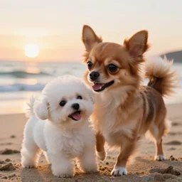 a photorealistic closeup image of a cute brown colored long haired chihuahua cocker spaniel dog plays with a happy white bichon frise puppy on the beach. sunset, surf, brightly lit scene. extreme detail. nice composition. 4 k hd unreal engine