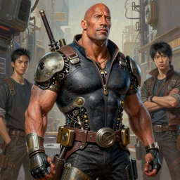 semi realistic gouache painting, by bana benedick, by ruan jia, by eng kilian, by denning guy online artists, detailed anime 3 d render of the rock dwayne johnson, cgsociety, artstation, rococo mechanical, digital reality, sf 5 ink style, dieselpunk atmosphere