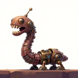 2d game art side view of mechanical steampunk worm with teeth, full body view, game character design, articulated joints, detailed, blank background, 8k, octane render, unreal engine, trending on artstation