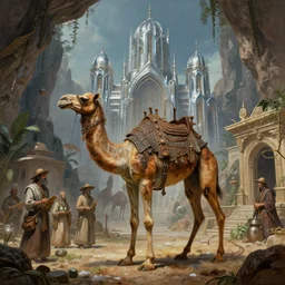 bipedal humanoid dromedary as village merchants, temple city, caves of qud, matte oil painting, chrome, cathedral, retrofuturistic, concept art, science fantasy, mutant, rpg, epic, rust, salt, jungle, dungeons & dragons, sharp focus, award - winning, extremely detailed, 4 k, 8 k