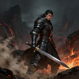realistic side view photo of a king in the mountains, angry, beautiful face, handsome, black iron armour, sword, lava, dust and blood, dark environment, action fantasy, dark, wide angle, dramatic lighting, intricate, wild, highly detailed, digital painting, artstation, concept art, smooth, sharp focus, illustration
