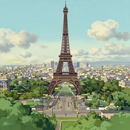 paris skyline with the eiffel tower visible, drawn by hayao miyazaki