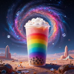 Behold - rainbow boba!!!, Little planet, An Odyssey Beyond Reality, cinematic, hyper realism, high detail, octane render, unreal engine, 8k, vibrant color, from the spirals of galaxies to the hexagonal shapes of snow crystals!, a desolate alien world full of rich colors!!, unique architecture, by andrea chiampo and chet zar