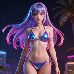 Photorealistic beautiful anime girl in a bikini. Hyperdetailed photorealism, 108 megapixels, amazing depth, glowing rich colors, powerful imagery, psychedelic Overtones, 3D finalrender, 3d shading, cinematic lighting, artstation concept art