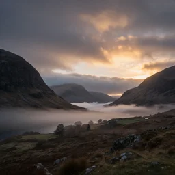 landscape photography, scotland, in color, cinematic, dramatic lighting, mountains, clouds, mist, sunrise, beautiful, 1 4 mm lens, canon 5 ds - r