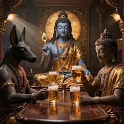 jesus and buddha vishnu and anubis in a bar drinking brear with