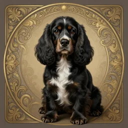 symmetry!! portrait of a cocker spaniel, black fur with white chest, cute, dnd, intricate, elegant, highly detailed, digital painting, artstation, concept art, smooth, sharp focus, illustration, art by artgerm and greg rutkowski and alphonse mucha