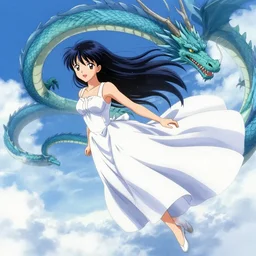anime girl with a white long dress flies with a dragon by hirohiko araki, pixiv digital art, 4 k
