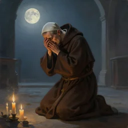 oil painting portrait of a weeping sobbing tonsured dominican monk in a brown habit, kneeling in a moonlit empty chapel at night, hazy, digital art, artstation, cinematic, moonlight, digital art painting by greg rutkowski, hazy atmosphere, candles, cinematic lighting