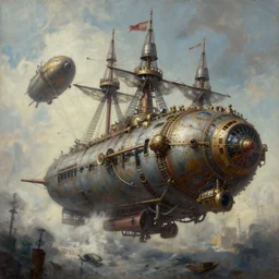 a brutalist painting of a large steampunk airship fighting another airship in the sky, by charlie bowater, 4 k
