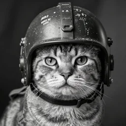 a black and white photo of a cat with a World War 2 helmet, high detailed, atmosphere, 4k