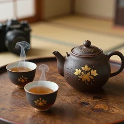 full view of an old traditional japanese ceramic teapot two smoky cup of tea on a wood table, micro detail, ( ( ( ( ( intricate ) ) gold details ) ) ), photorealism, canon camera, japanese house background
