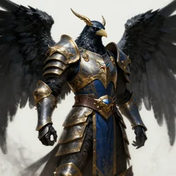 crow warrior in heavy armor. black wings. blue and gold clothes. digital painting, hd, highly detailed.