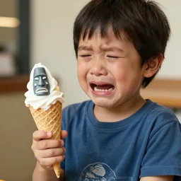 a very upset and crying kid holding an ice cream cone with a small moai statue in the ice cream cone, 4 k photograph