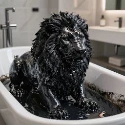 the black lioness made of tar, bathing in the bathtub filled with tar, dripping tar, drooling goo, sticky black goo, photography, dslr, reflections, black goo, rim lighting, modern bathroom, hyper realistic, 8 k resolution, unreal engine 5, raytracing