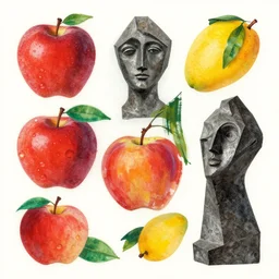 apples and mangos in the style of eileen agar and olexander archipenko, noise, stroke cutout album cover art