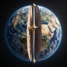 earth sliced in two pieces, claymore, exquisite, volumetric lighting, 8 k octane beautifully detailed render, post - processing, extremely hyper - detailed, intricate, epic composition, cinematic lighting, masterpiece, trending on artstation, birds eye view, stunning art by john berkey, by foss, beautiful cinematic light