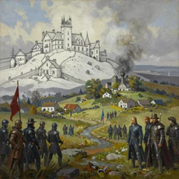 craig mullins epic oil on canvas painting of a steampunk atmospheric landscape, the shire, line art!!, ink, art concept for a book cover!!, harmonic colours, thik brushstrokes, soldiers with banners, movie still, game of thrones concept art, highly detailed, centered, hyperrealism, romantic, smooth, sharp focus trending on artstation, by greg manchess and by ismail inceoglu and by kilian eng and by jake parker