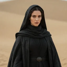 a dark priestess from the movie Dune, exquisite, shot with a DSLR, trending, detailed fabrics, 8k