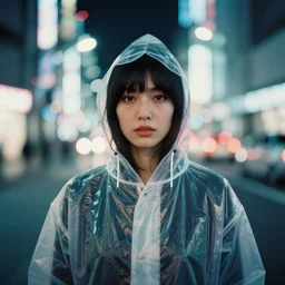 An analog head and shoulder frontal face photography of woman wearing a transparent raincoat with hoodie on by Oleg Oprisco. Liam Wong style. Aesthetic Tokyo Retro. cyberpunk city night photography city. kodak ektar film film. Depth of field. whirl bokeh. detailed. hq. realistic. Moody. Filmic. lens flare. Leica M9, f/1.2, symmetrical balance, in-frame