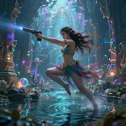 Long Shot of psychodelic ciri in mysterious astral temple  jumpin with pistol in river of chromatic SPIRITS , beautiful, dmt, trending on artstation, omnious, soft, hypermaximalistic, high details, cinematic, 8k resolution, artwork by Wong, Liam