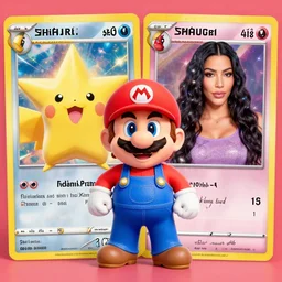 super mario pokemon cards with lela star and kim kardashian, pokemon style, hd 8k image high detail, at target