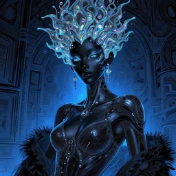portrait of an absurdly beautiful, graceful, sophisticated, fashionable cyberpunk mechanoid gravure idol, hyperdetailed illustration by irakli nadar, matt wisniewski style, intricate linework, dark black skin, iridescent fractal headdress, day - glow facepaint, unreal engine 5 highly rendered, global illumination, blue light, detailed and intricate environment